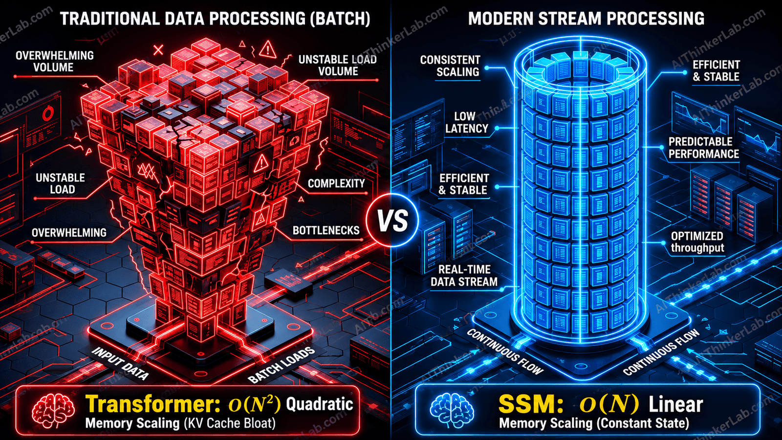 Transformers vs State Space Model - The Memory Scaling Bottleneck ($O(N^2)$ vs $O(N)$)